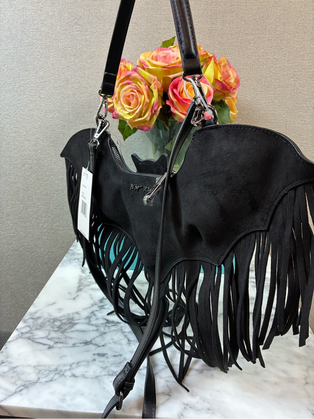 Betsey Johnson Black Fringed Bat in Faux Suede XOBLAIRE Convertible Bag - HTF - Picture 3 of 7